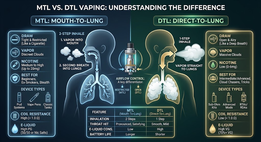 make an image for "What Is MTL and DTL Vaping, and What Is the Difference Between Them?"