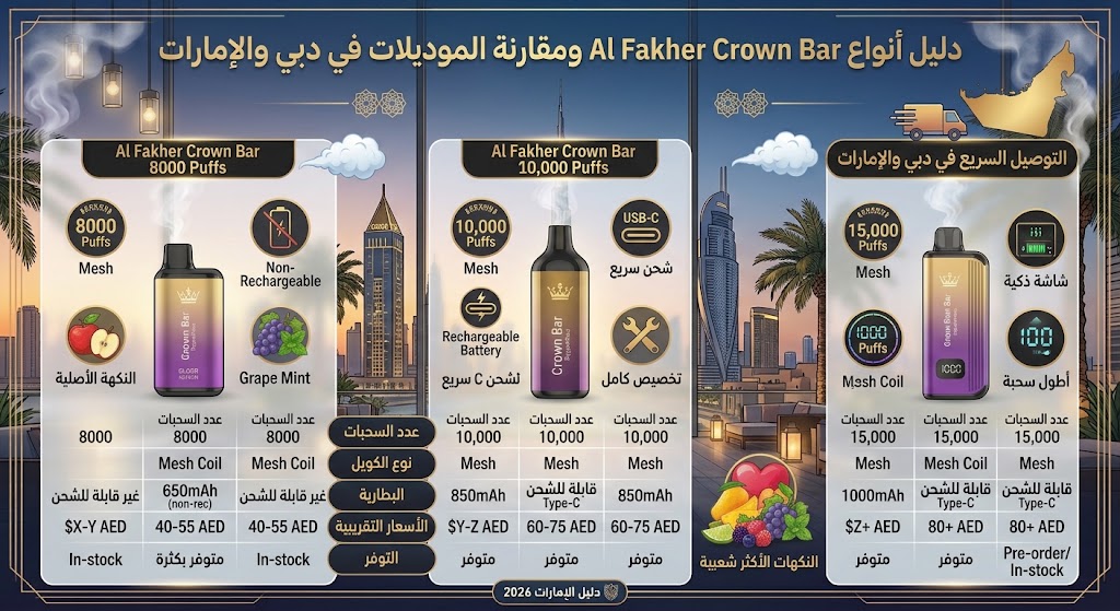 أنواع Al Fakher Crown Bar ومقارنة الموديلات في دبي والإمارات